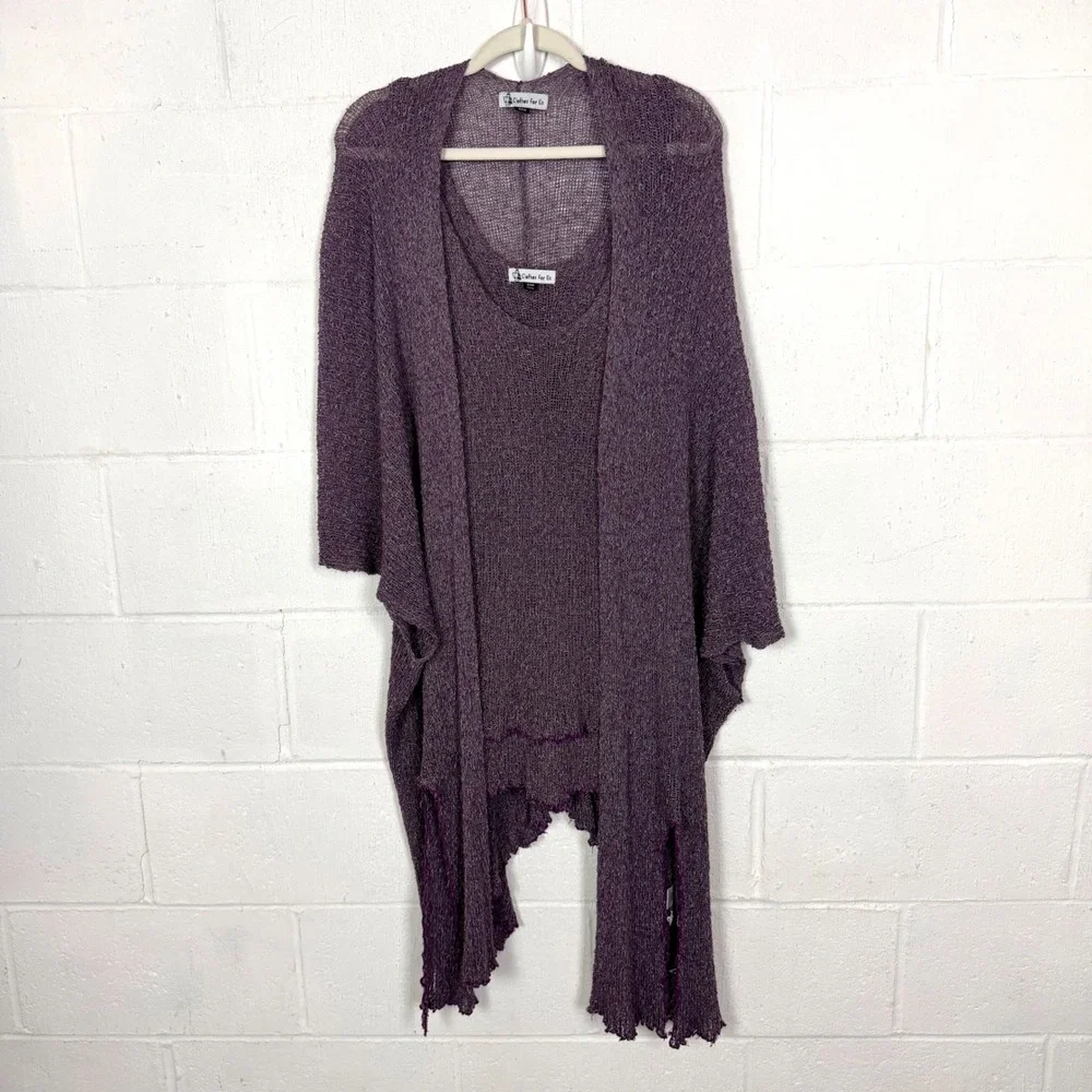 Womens Purple Bamboo Open Knit Cardigan Set Size 22W Asymmetric Boho Lagenlook